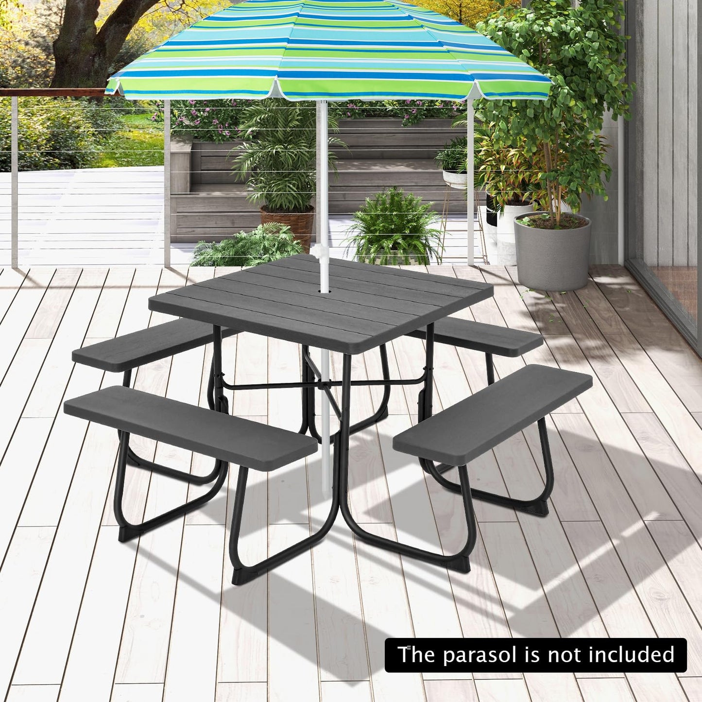 Giantex Picnic Table Set for 4-8 Persons, Outdoor Table and Bench Set with Umbrella Hole, HDPE Top & Metal Frame, 500LBS Capacity, Square Patio Table Bench Set for Deck Backyard Garden (White)