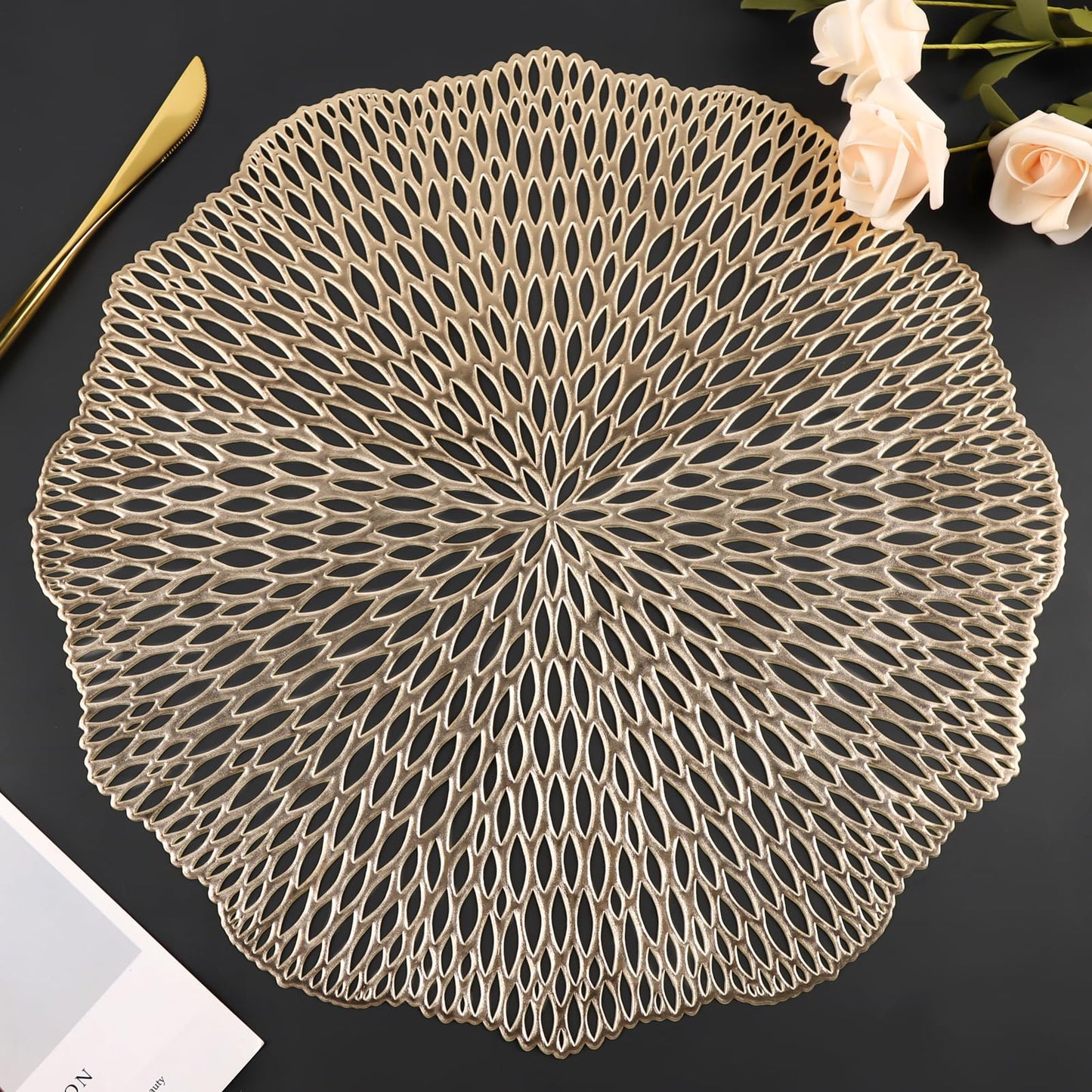 Placemats Set of 6, Round Hollow Out Flowers Place Mats for Dining Table Pressed Vinyl Blooming Leaf Table Mats for Holiday Party Wedding Accent Centerpiece Dinner Table Decoration (Gold)