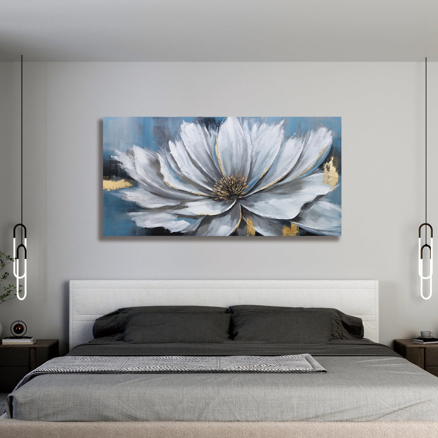 Yuaxker Blumen-Wandkunst, weißes und goldenes Blumengemälde auf Leinwand, moderne Kunst, Wanddekoration, botanisches Kunstwerk für Wohnzimmer, Schlafzimmer, Esszimmer, Büro, Heimdekoration, 50,8 x 101,6 cm