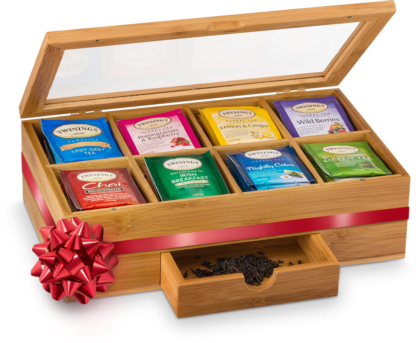 Bamboo Tea Bag Organizer Storage Box with Drawer & Acrylic Window - Magnetic Lid Keeps Contents Fresh - Ideal Mothers Day Gifts for Mom - Gift Caddy (Tea Not Included)