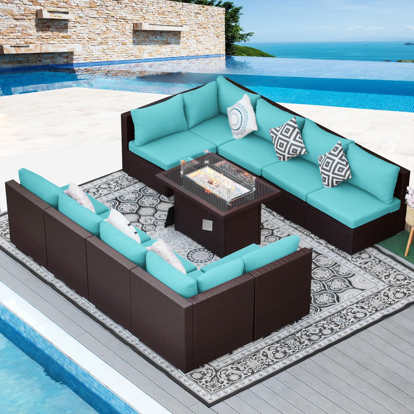 NICESOUL® 13 Piece Luxury Large Patio Furniture Sofa Set with Natural Gas/Propane Fire Pit Table, 29.3" High Back Outdoor Conversation Set, Outside PE Rattan Sectional Sofa, Dark Gray