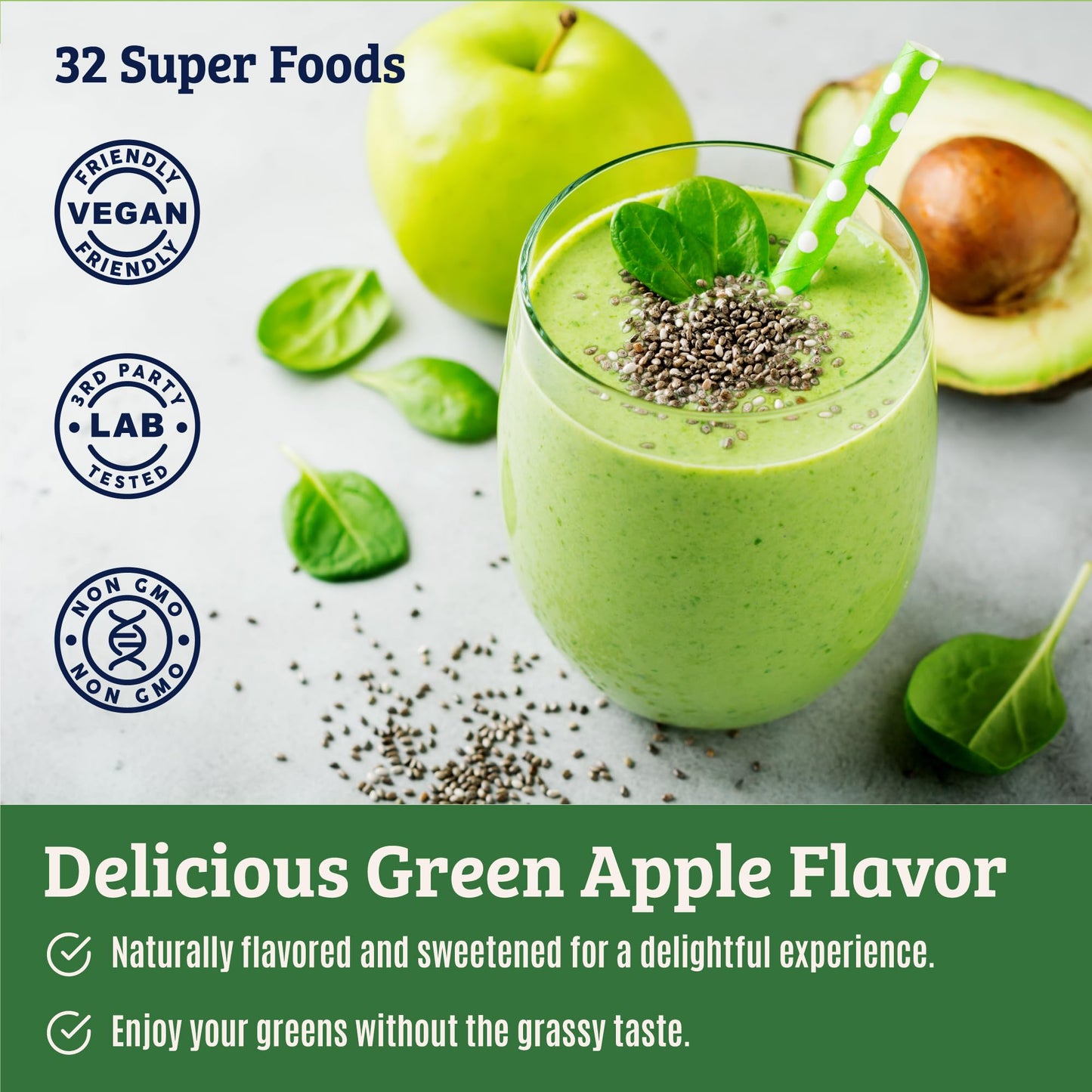 Grünes Saftpulver. Supergreens Superfood-Pulver. Detox-Grünes gegen Blähungen und Verdauung. Gemüsepulver mit Probiotika und Enzymen. Chlorella, Spirulina, Weizengras, Ashwagandha. 32 Superfoods 