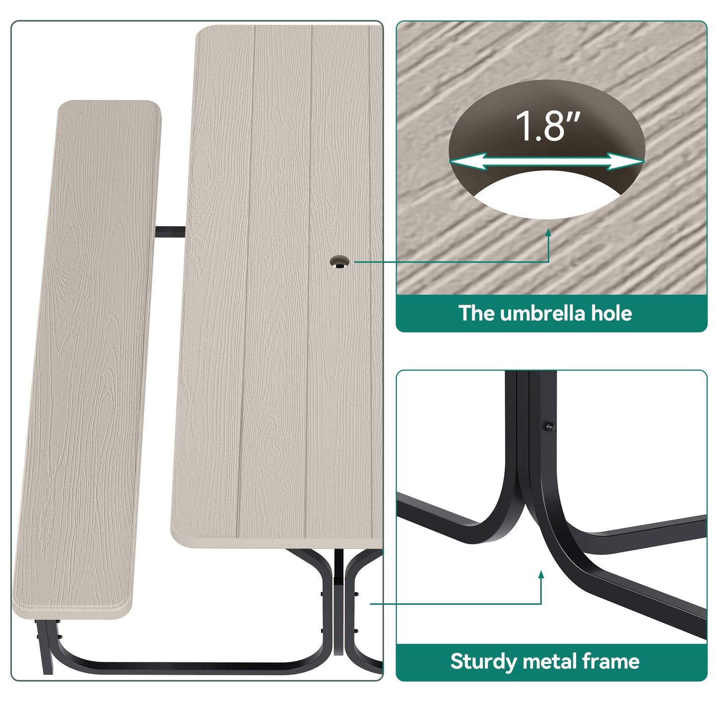 YITAHOME Table de pique-nique d'extérieur de 1,8 m avec plateau en bois, cadre en acier robuste et ouverture pour parapluie, table de pique-nique robuste idéale pour la cour, le patio, les rassemblements sur la pelouse, marron clair 