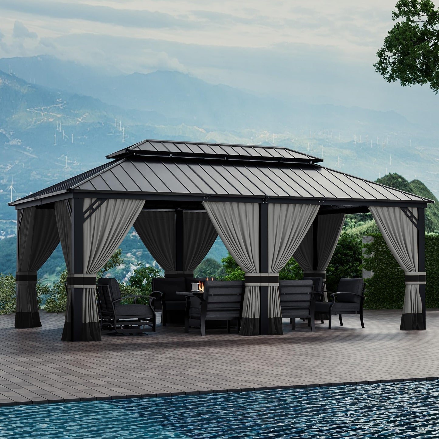 12x20ft Hardtop Gazebo Double Roof, Outdoor Pavilion with 2-Layer Hard top Galvanized Iron Frame Garden Tent, Suitable for courtyards, backyards, Decks, and Grass