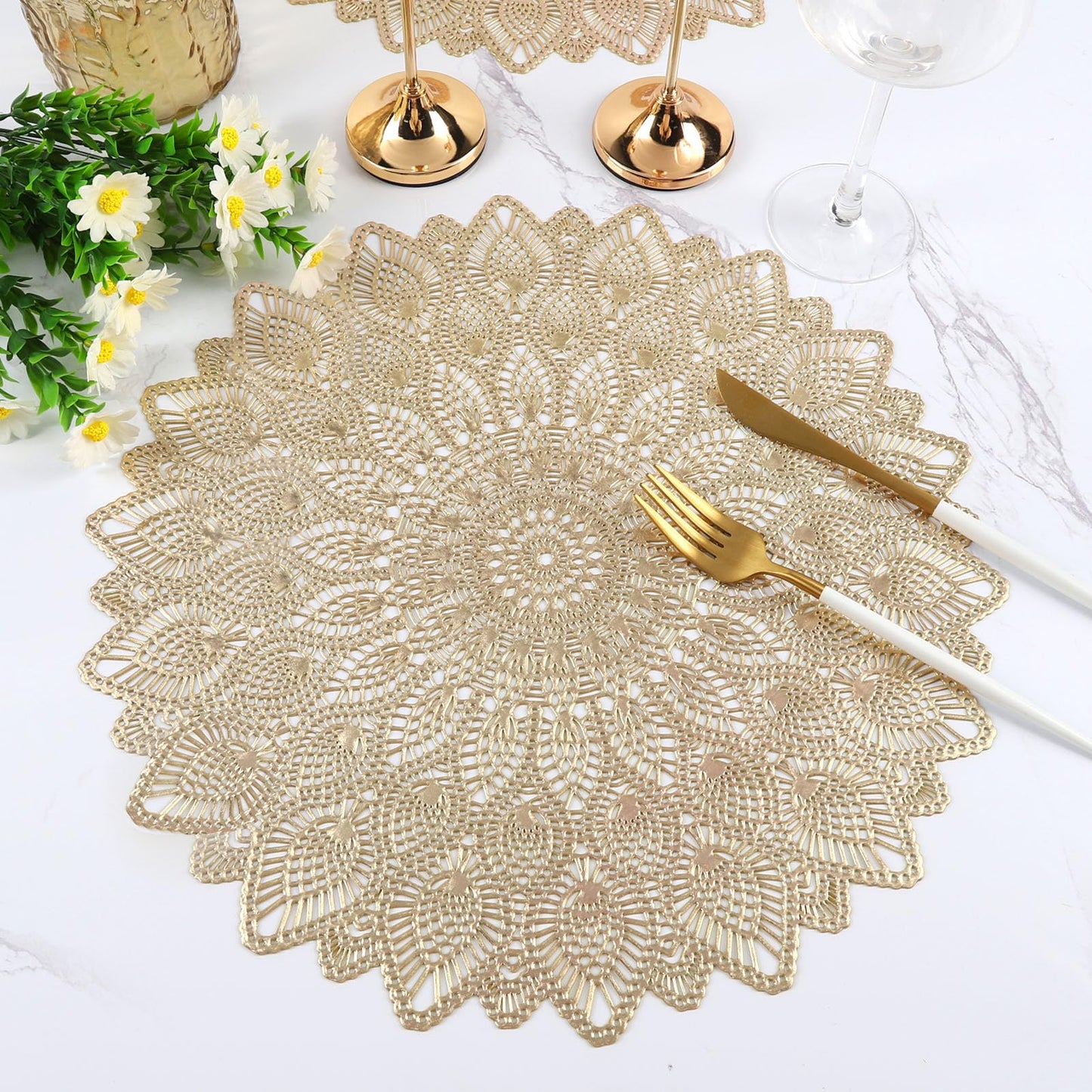 Silver Round Placemats, Hollow Out Washable and Wipeable Place Mats, Pressed Vinyl Table Mats Set of 6 for Anniversary Dinner Kitchen Decorations