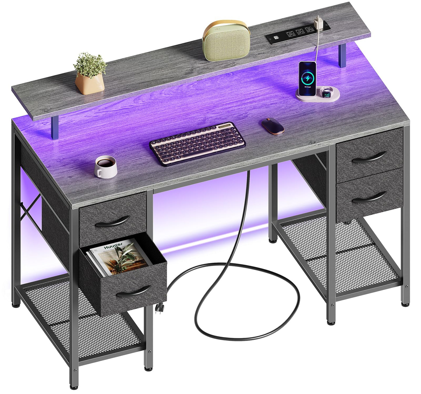 Huuger 47 inch Computer Desk with 4 Drawers, Gaming Desk with LED Lights & Power Outlets, Home Office Desk with Large Storage Space for Bedroom, Work from Home, Black