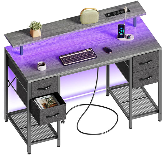 Huuger 47 inch Computer Desk with 4 Drawers, Gaming Desk with LED Lights & Power Outlets, Home Office Desk with Large Storage Space for Bedroom, Work from Home, Black