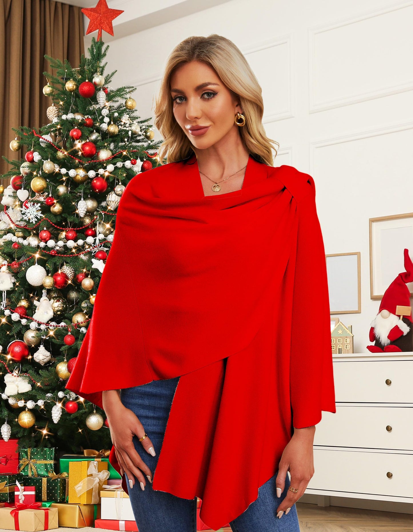 PULI Femmes Grand Poncho Croisé Sur Le Devant Pull Enveloppant Topper Tricoté Élégant Châles Cape pour l'Automne Hiver