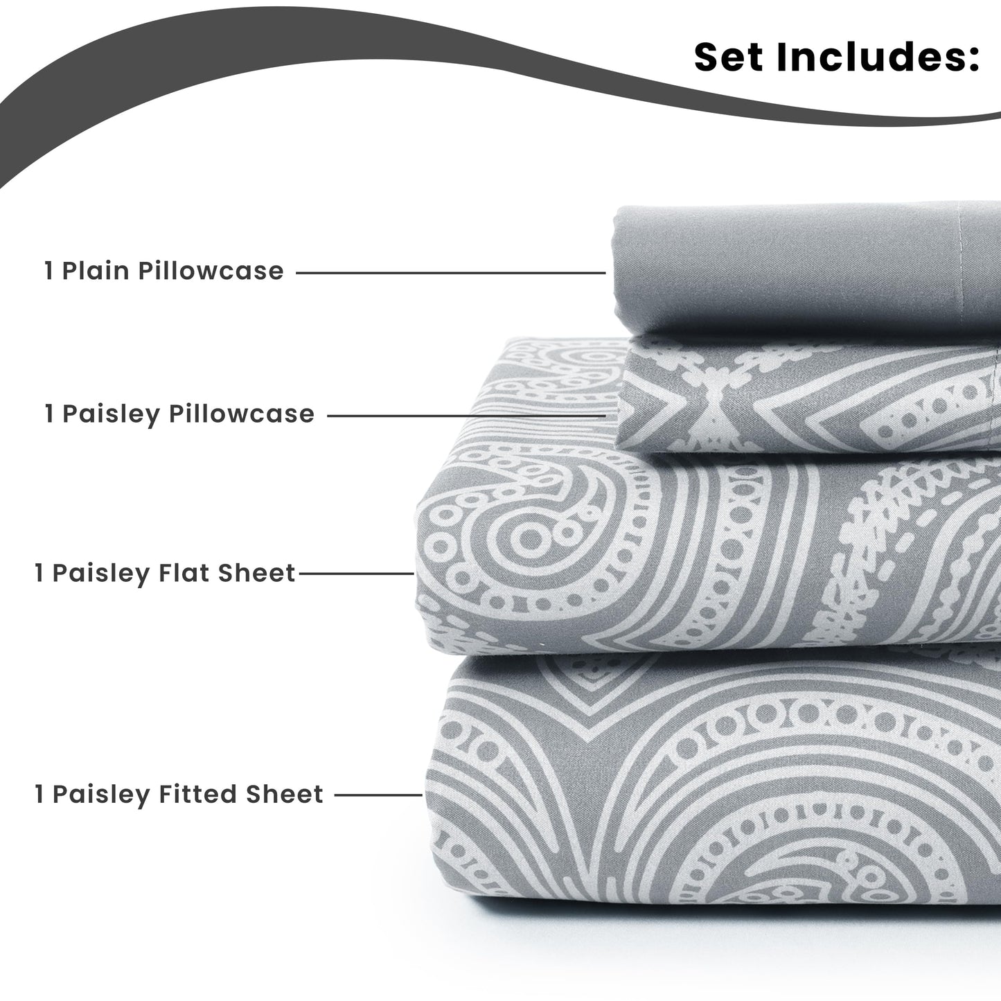 LUX Decor Paisley King-Bettlaken-Set, 6-teilig, weiche, knitterfreie Mikrofaser-Bettlaken – luxuriös bedruckte Bettlaken, inklusive Bettlaken, Spannbettlaken mit tiefen Taschen und 4 Kissenbezügen – Taupe 