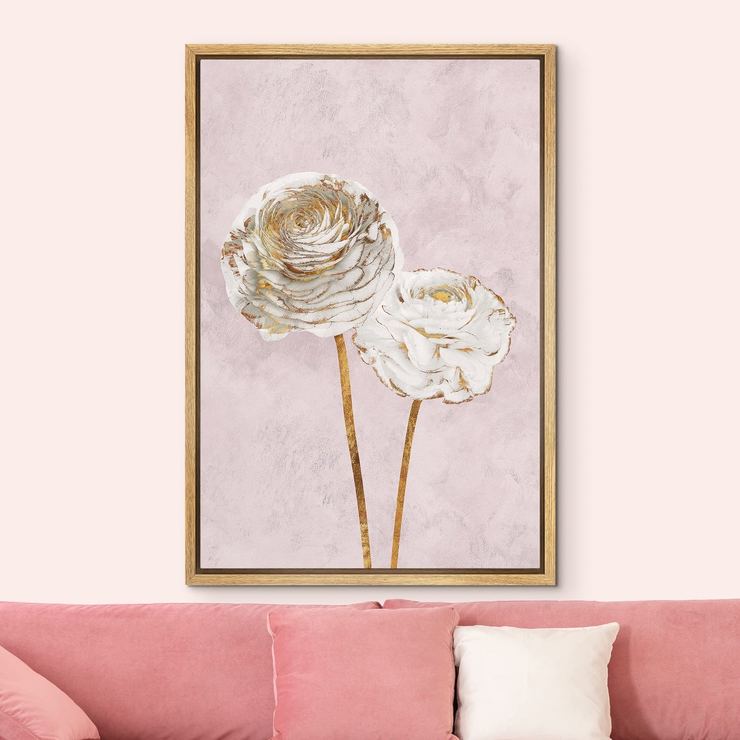 Canvas Print Wall Art White Gold Marble Background Carnation Flower Duo Nature Wilderness Illustrations Modern Art Farmhouse/Country Rustic Relax/Calm for Living Room, Bedroom, Office - 16"x24"