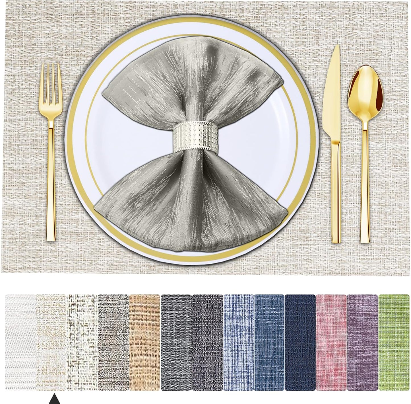 Lot de 6 sets de table en vinyle tissé pour table à manger, lavables et lavables, sets de table de cuisine durables pour intérieur et extérieur, 01 beige, 6 pièces 