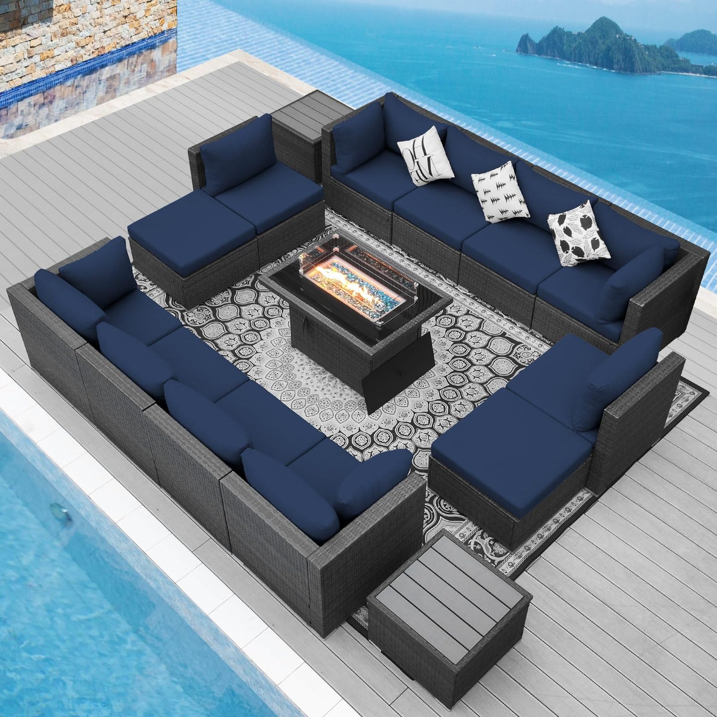 NICESOUL® 13-teiliges großes Luxus-Sofaset für die Terrasse mit Feuerstelle für Erdgas/Propan, 74 cm hohe Rückenlehne, Garten-Sitzgruppe, Gartensofa aus PE-Rattan, dunkelgrau 