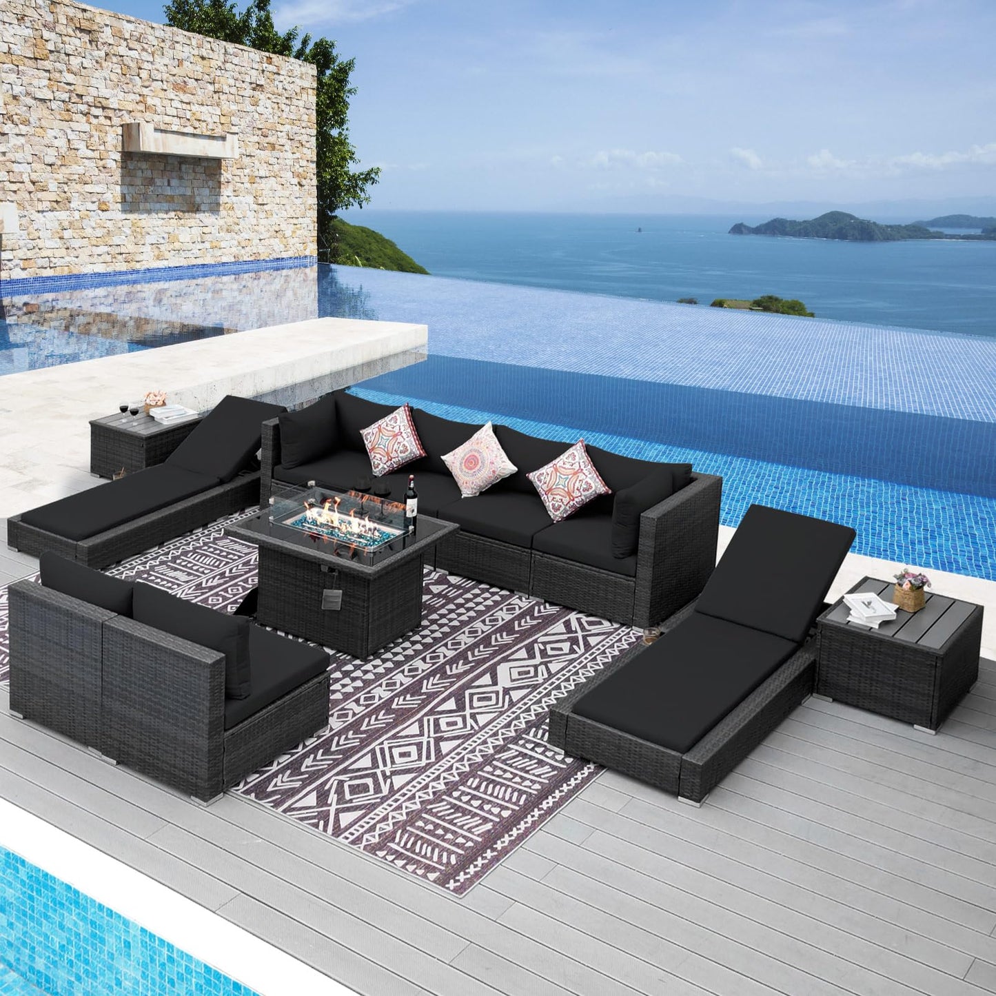 NICESOUL® 13 Piece Luxury Large Patio Furniture Sofa Set with Natural Gas/Propane Fire Pit Table, 29.3" High Back Outdoor Conversation Set, Outside PE Rattan Sectional Sofa, Dark Gray