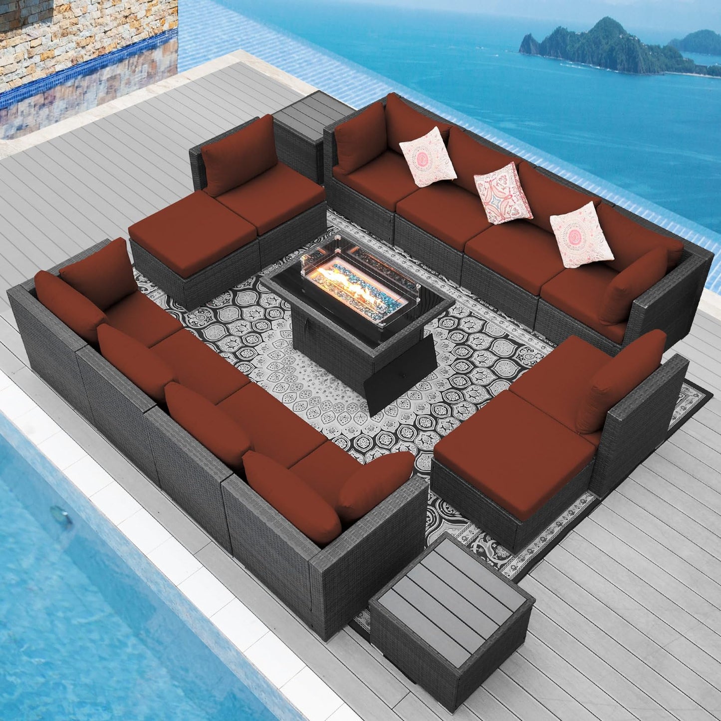 NICESOUL® 13-teiliges großes Luxus-Sofaset für die Terrasse mit Feuerstelle für Erdgas/Propan, 74 cm hohe Rückenlehne, Garten-Sitzgruppe, Gartensofa aus PE-Rattan, dunkelgrau 