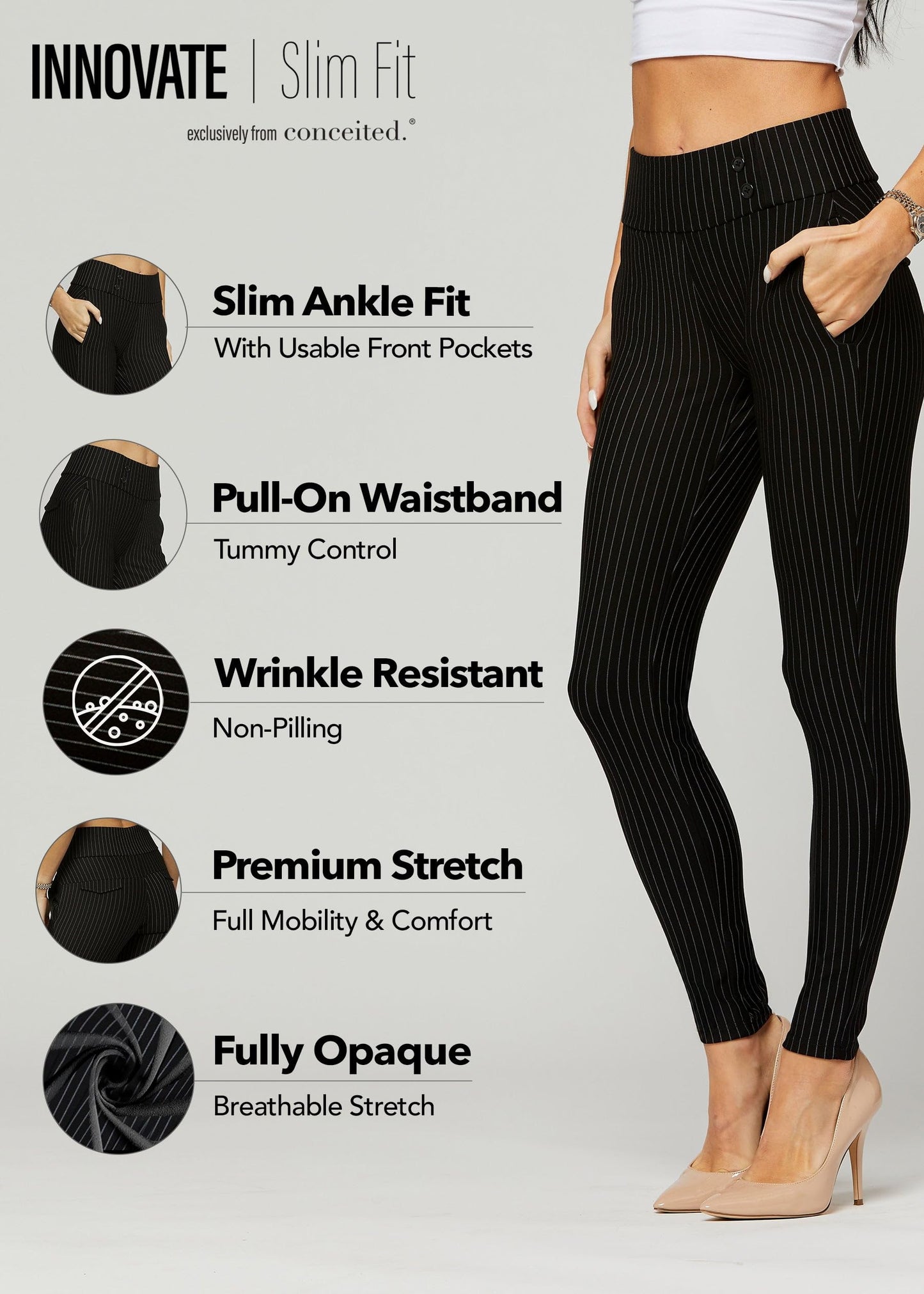 Conceited Dress Pants Women - Stretchy - Tummy Control - All Day Comfort Wear to Work - Womens Pants in Regular and Plus Size