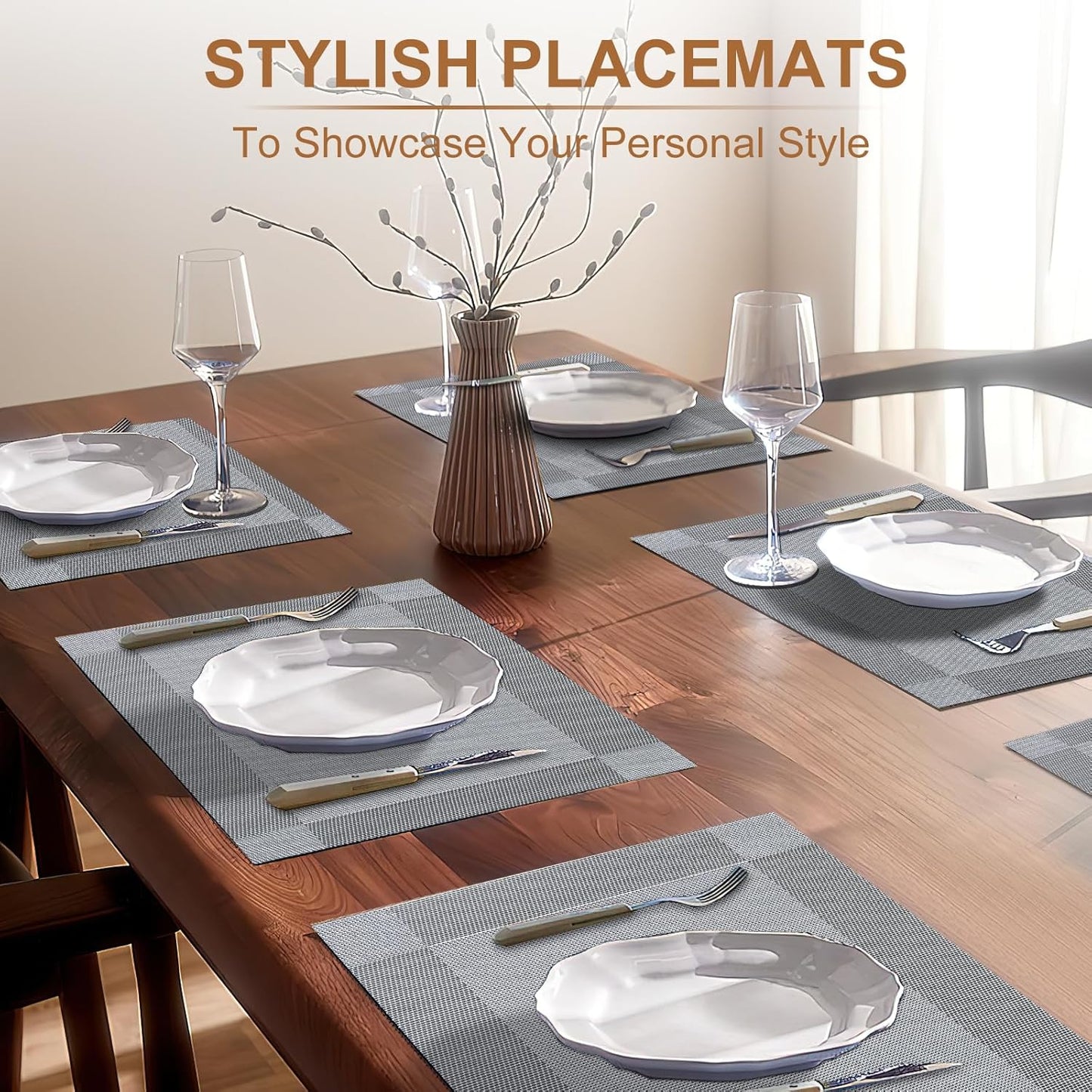 Placemats Set of 6 Woven Vinyl Placemat for Dining Table Washable Wipeable Kitchen Place Mats Durable Indoor Outdoor Table Mats 01 Beige, 6 Pcs