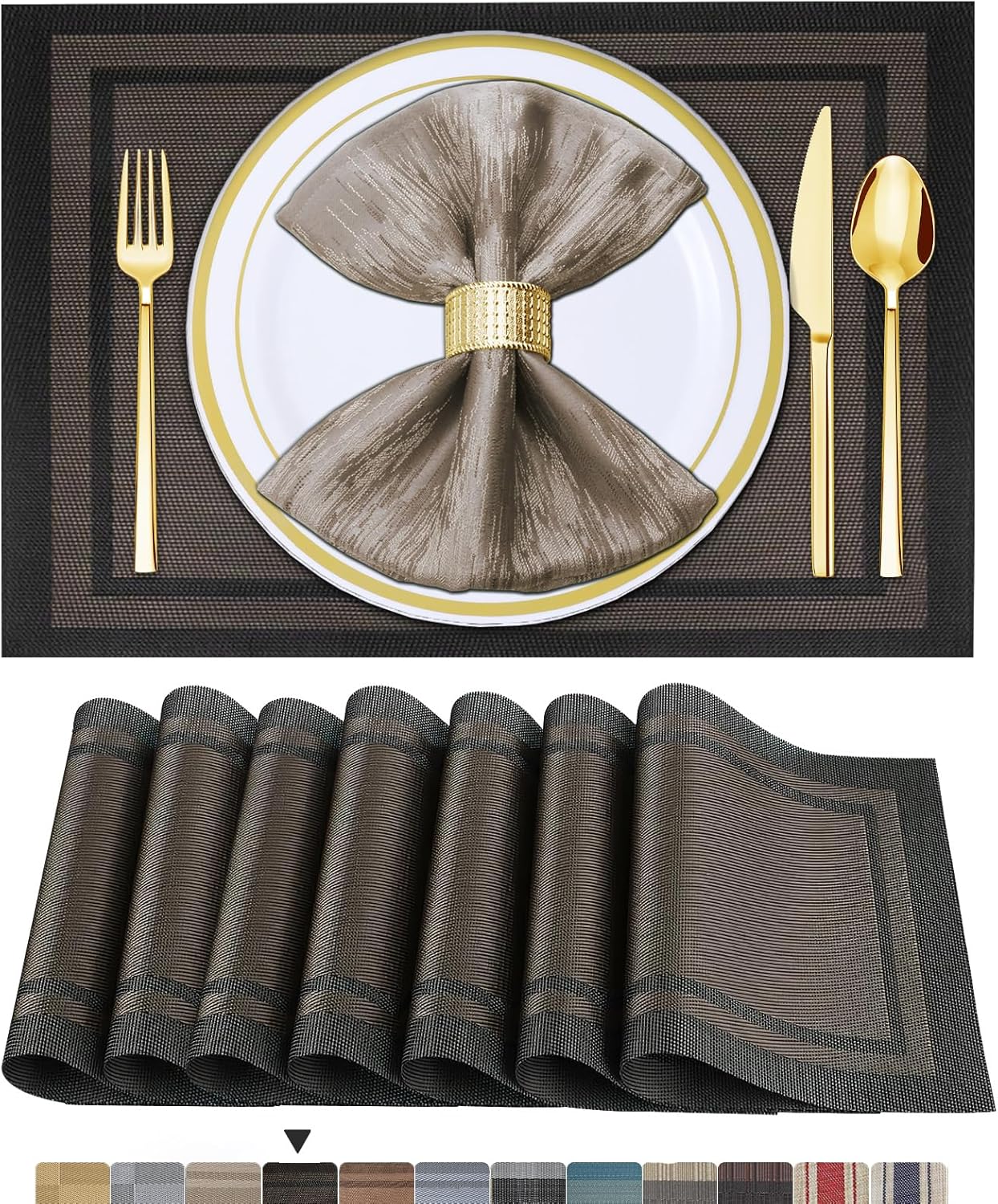 Lot de 6 sets de table en vinyle tissé pour table à manger, lavables et lavables, sets de table de cuisine durables pour intérieur et extérieur, 01 beige, 6 pièces 