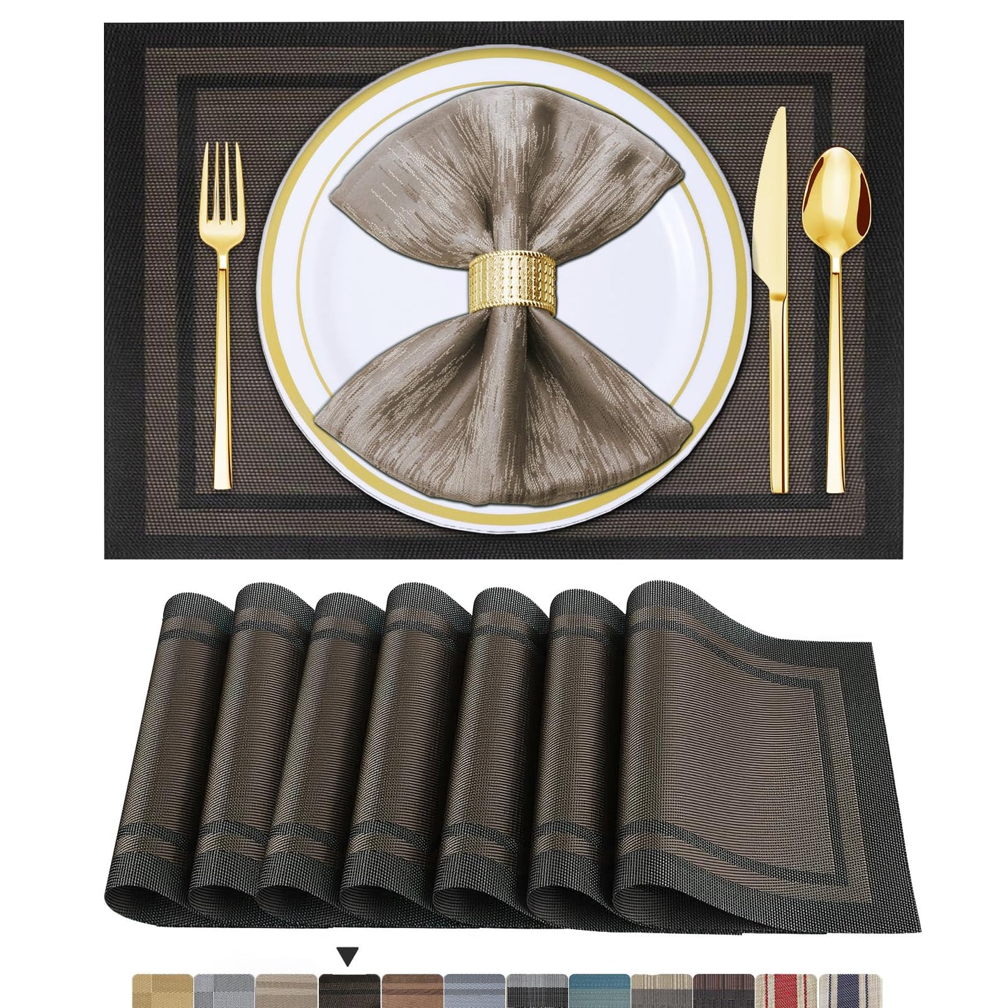 Lot de 6 sets de table en vinyle tissé pour table à manger, lavables et lavables, sets de table de cuisine durables pour intérieur et extérieur, 01 beige, 6 pièces 