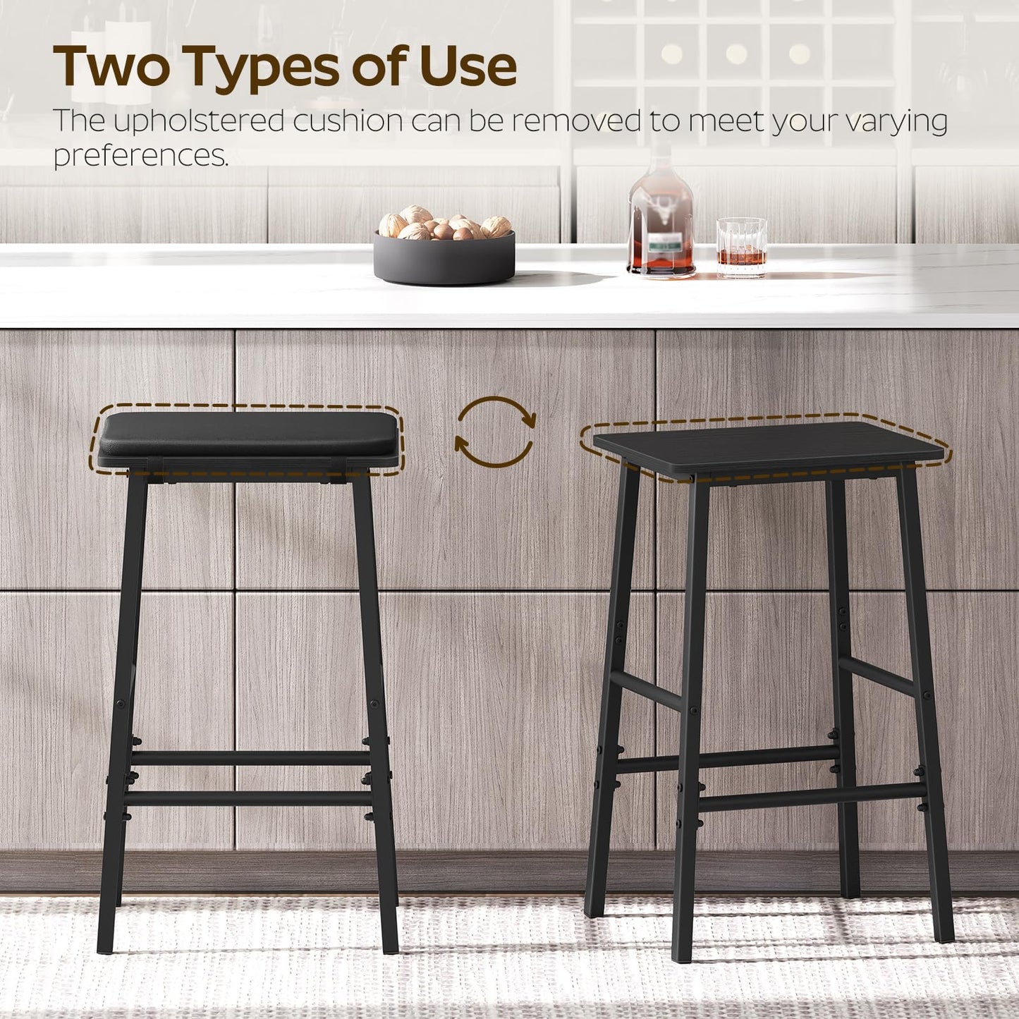 Bar Stools, Set of 2 Bar Chairs, Counter Height Stools, Upholstered Breakfast Bar Stools, for Dining Room, Kitchen Island, Tavern, Black BY02L2BK