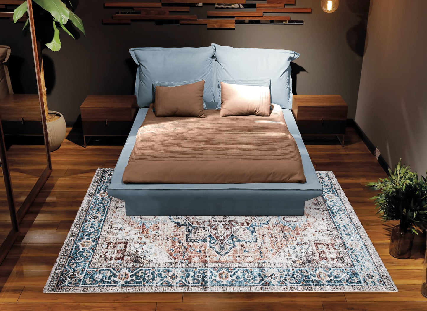 Bloom Rugs Caria, waschbarer, rutschfester Teppich, 4 x 6 Zoll, blauer traditioneller Teppich für Wohnzimmer, Schlafzimmer, Esszimmer und Küche, genaue Größe: 4 x 6 Fuß 