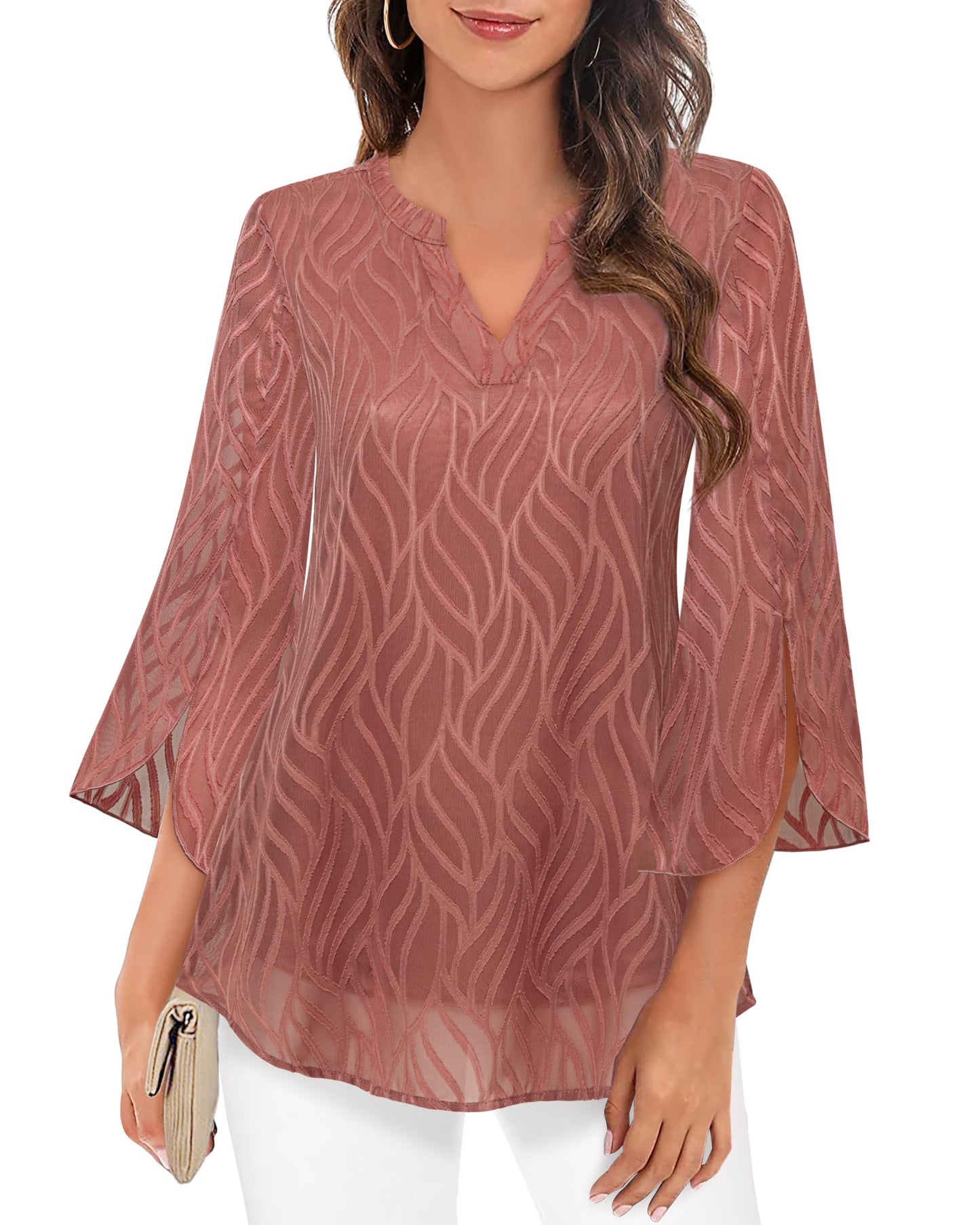 Timeson Women's 3/4 Sleeve Chiffon Blouse Shirt V Neck Dressy Tunic Tops