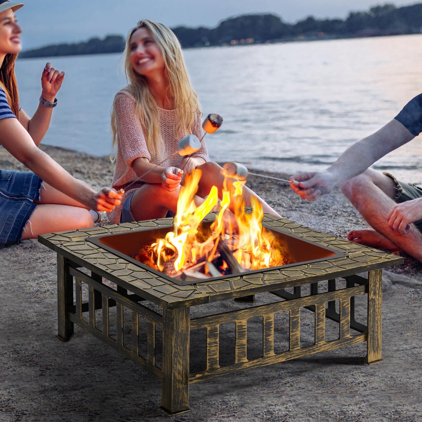 Yaheetech 32in Outdoor Firepit Square Table Backyard Patio Garden Stove Wood Burning Fire Pit with Spark Screen, Log Poker and Cover