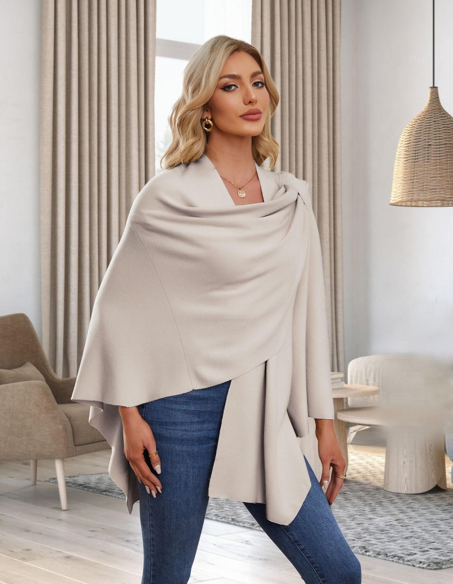 PULI Femmes Grand Poncho Croisé Sur Le Devant Pull Enveloppant Topper Tricoté Élégant Châles Cape pour l'Automne Hiver