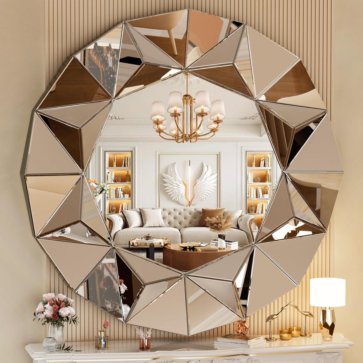 Hasipu Wall Mirrors Decorative, 40" Mirror Wall Decor, Beveled Edge Frameless Wall Mount Round Mirror for Living Room