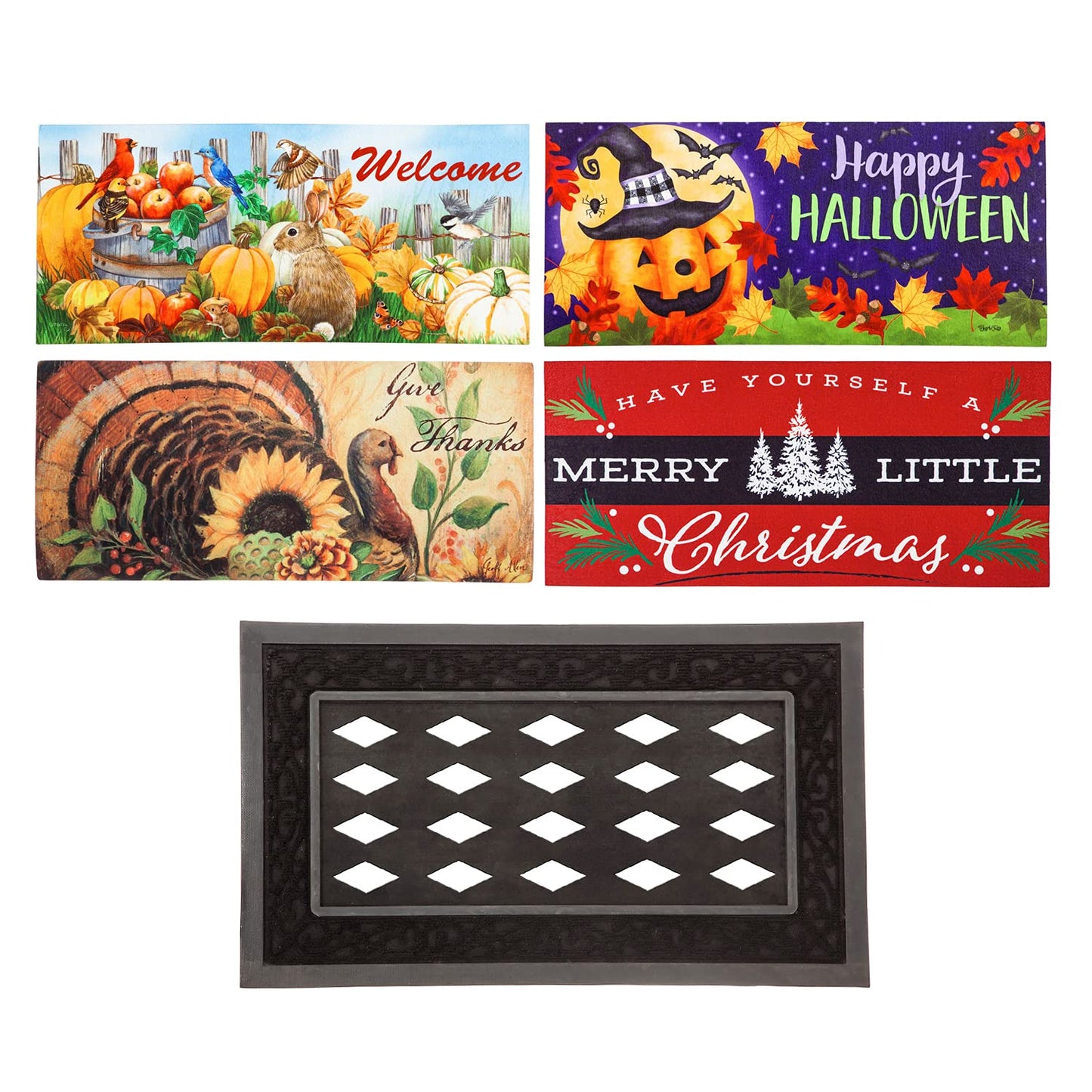 Evergreen Sassafras Bundle - Set of 5 Seasonal Interchangeable Entrance Doormats | Indoor and Outdoor |22-in x 10-in doormats and 28-in x 16-in Tray | Non-Slip Backing | Low Profile | Home Décor