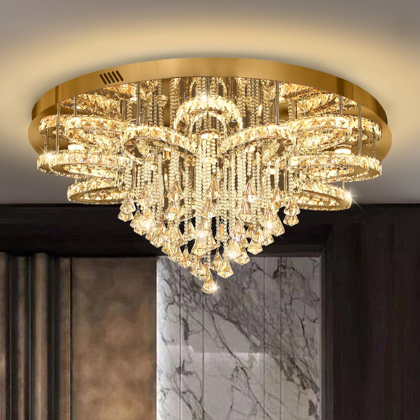 Lustre en cristal moderne Flashing God W40 pour salon, plafonnier LED en cristal encastré doré pour hall d'entrée, salle à manger, couloir, intensité variable 2700k 4500k 6000k 