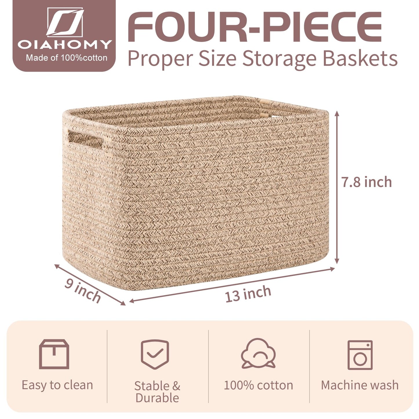 OIAHOMY 4 Pack Storage Baskets for Organizing, Cube Storage Bins for Shelves, Rectangle Storage Baskets With Handles, Woven Baskets for Storage, 12.7''Lx9''Wx7.8''H, Black