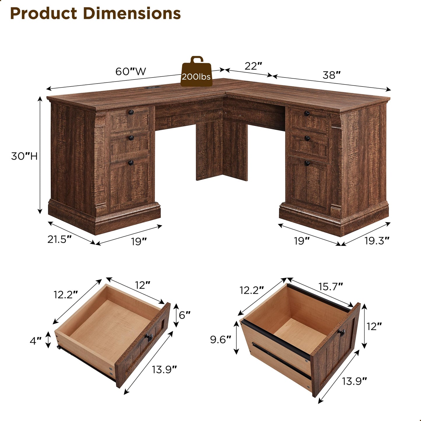 OKD 60" Executive Desk with Drawers, Farmhouse Home Office Desk with Charging Station, Keyboard Tray, File Cabinet Storage, Wood Computer Desk for Work and Study, Antique White