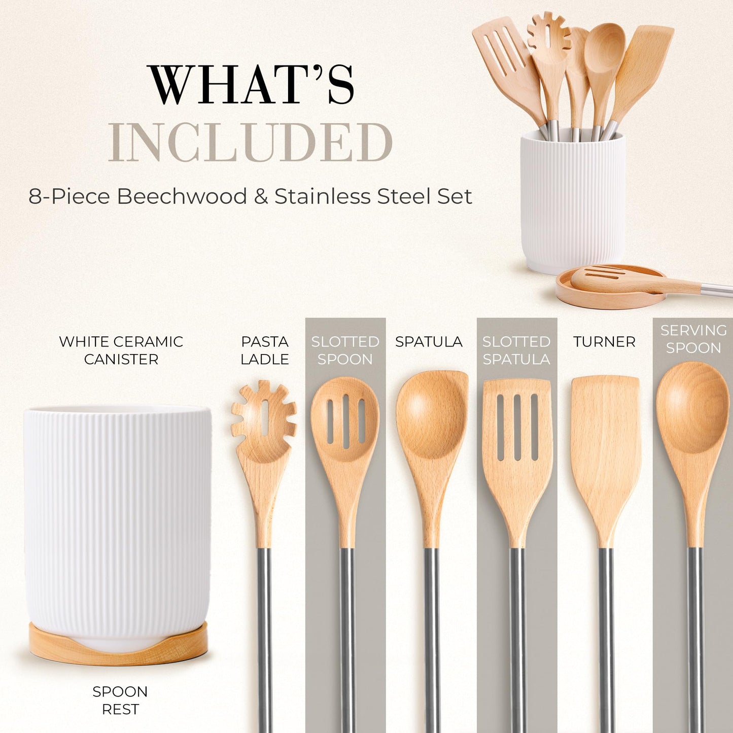 Wooden Cooking Utensils Set – 8 PC Set Includes Wood and Gold Kitchen Utensils, White Utensil Holder, & Wooden Spoon Rest – Durable and Stylish Kitchen Tools for Cooking and Serving