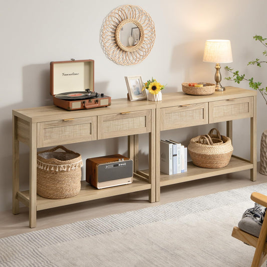 SICOTAS Konsolentisch 2er-Set – Boho-Eingangstisch mit Stauraum und Rattanschubladen, 2-stöckiges Regal, schmale lange Sofatische für das Wohnzimmer, Eingangstisch aus Naturholz für Flur, Foyer, helle Eiche 