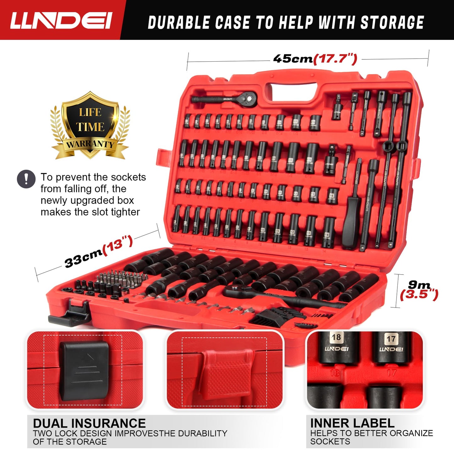 LLNDEI 1/4 & 3/8 Inch Drive Impact Socket Set, 186 Pieces Metric and Standard Full Sockets, CR-V Deep & Shallow Sockets Tool Set with Ratchet Wrench Handle, Spark Plug Socket, Bit Set for Mechanic