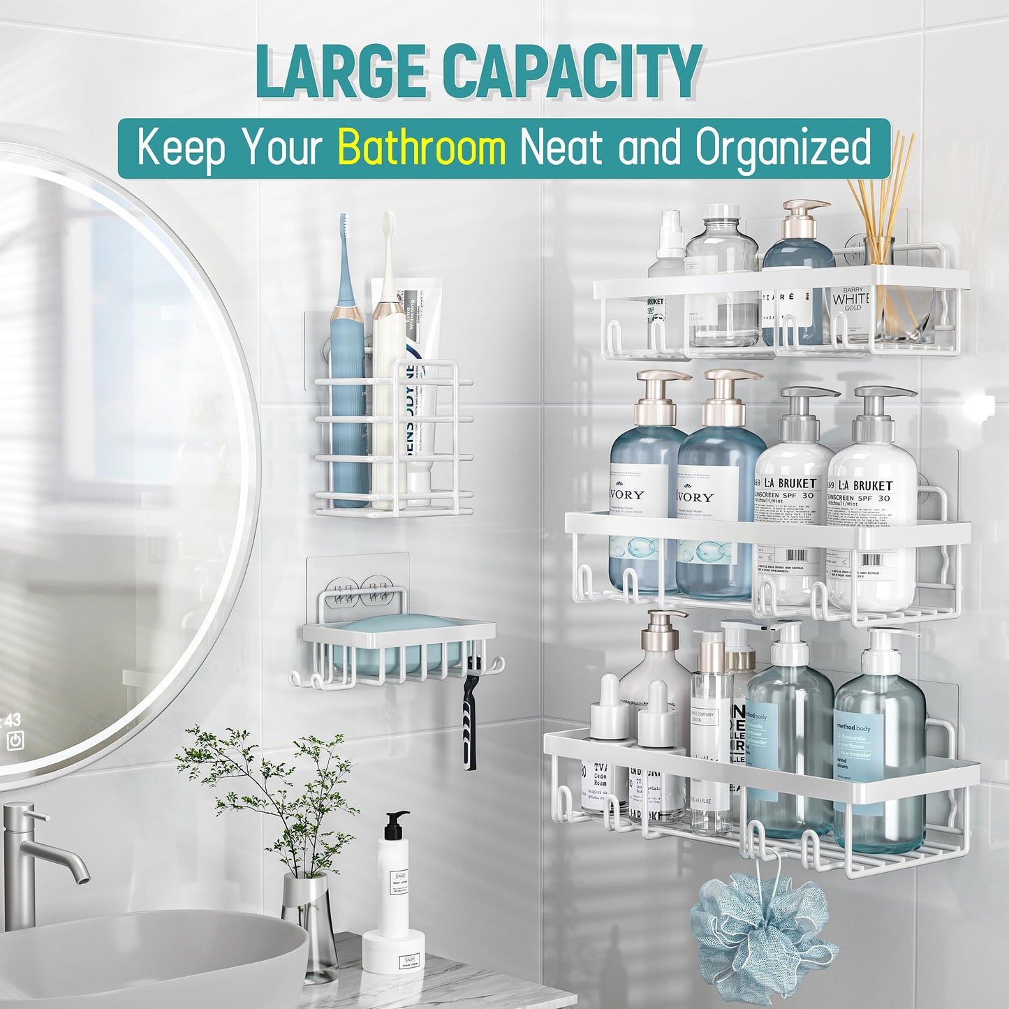 Shower Caddy 5 Pack, Bathroom Shower Organizer Rack for Inside Shower, Adhesive Shower Shelf, Shampoo Holder, Shower Basket, Metal Wall Storage, Grey