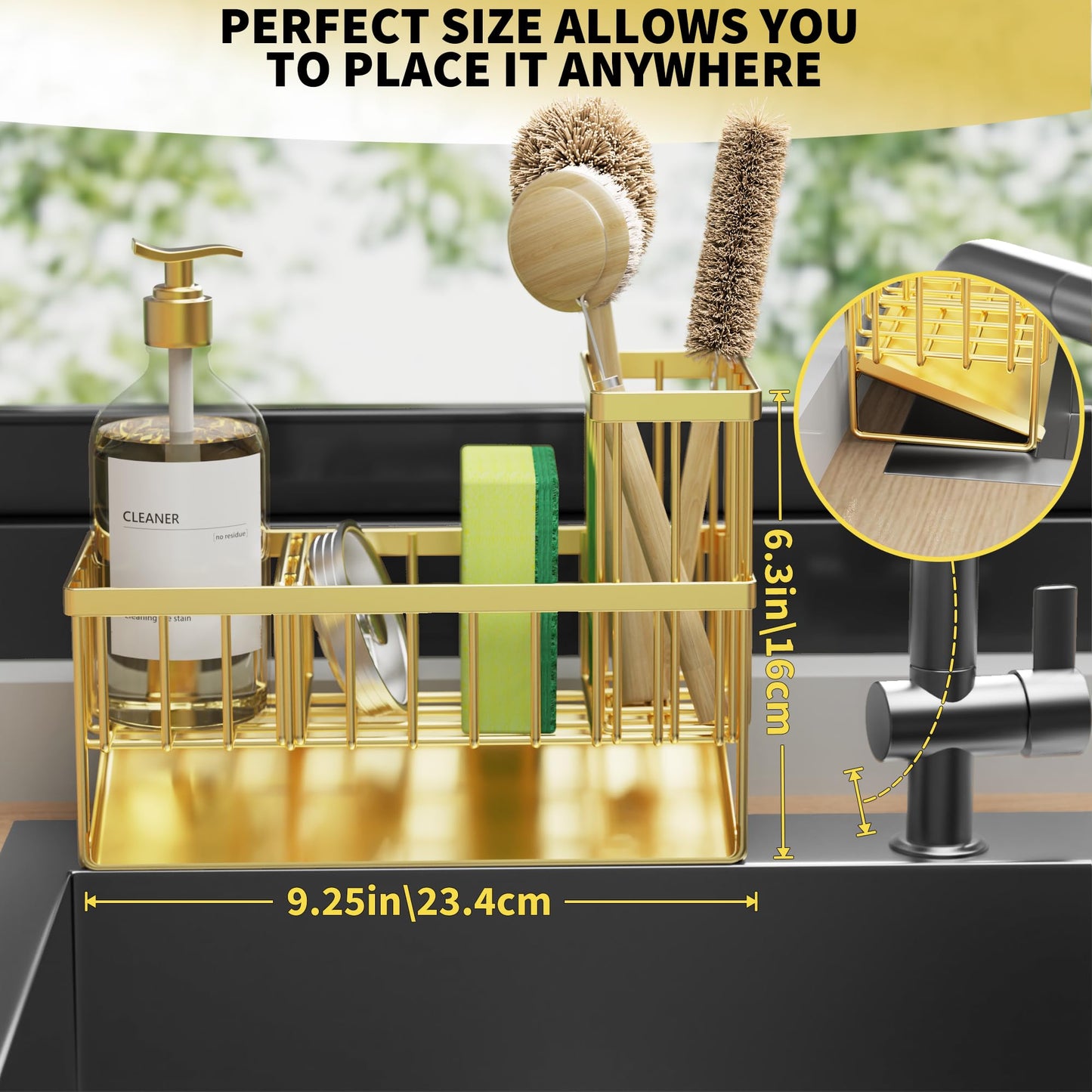 Kitchen Sink Caddy Organzier with High Brush Holder, Sponge Holder for Sink, 304 Rustproof Stainless, Kitchen Countertop Soap Dispenser Organizer, Kitchen Decor and Accessories