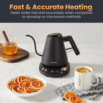 Elite Gourmet 1L Gooseneck Digital Kettle – 13 Temp Settings, Keep Warm, Cordless, Matte Black Copper