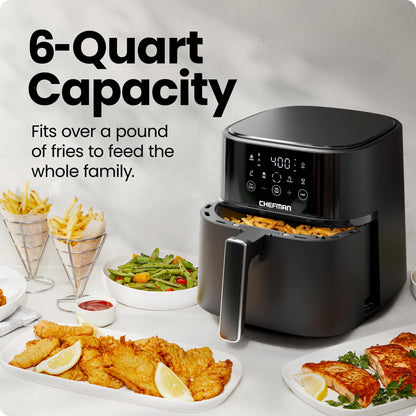 Chefman 6-Quart Air Fryer | Hi-Fry Extra Crisp, Easy-View Window, Touch Controls, 4 Presets, Nonstick Dishwasher-Safe Basket – Black