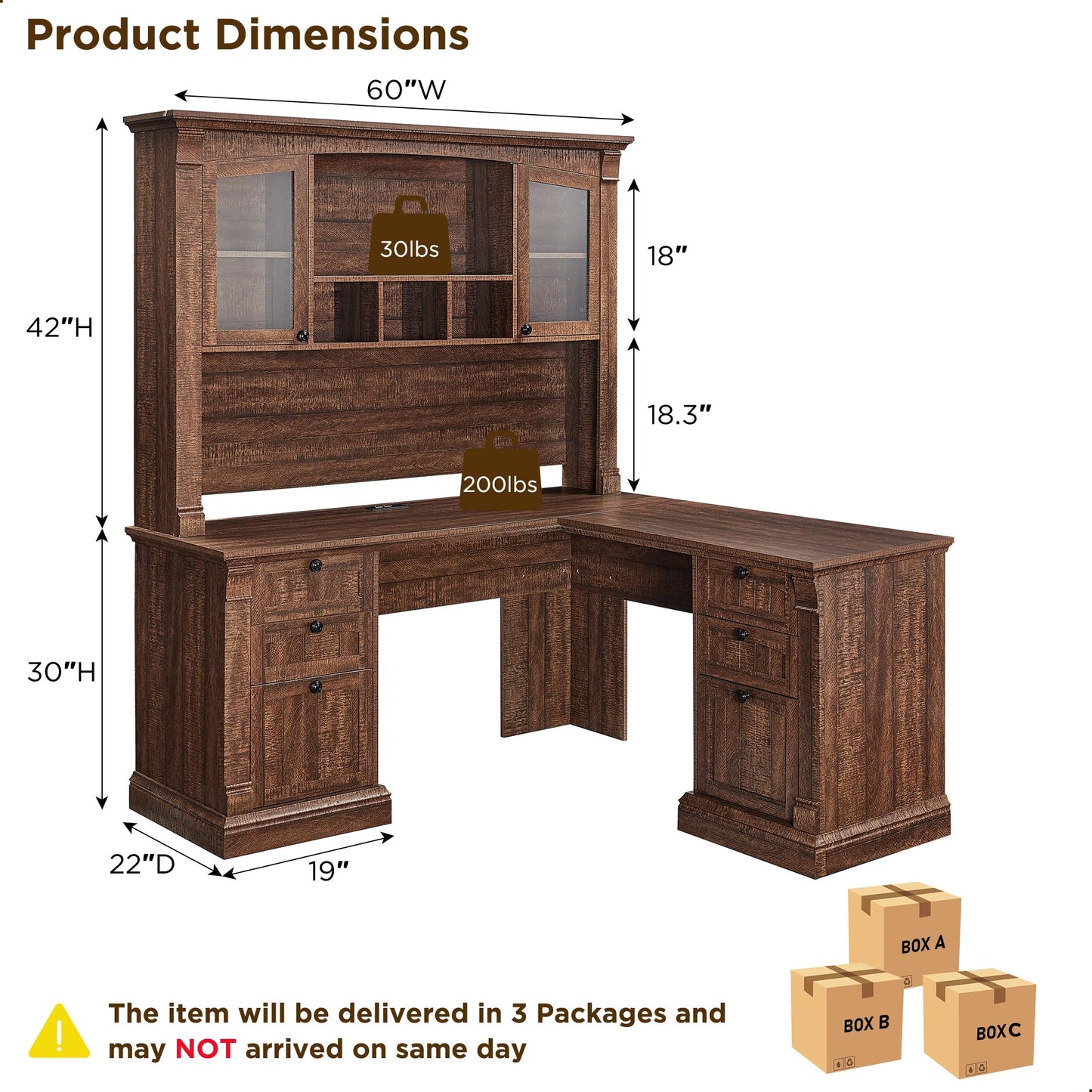 OKD 60-Zoll-Chefschreibtisch mit Schubladen, Home-Office-Schreibtisch im Landhausstil mit Ladestation, Tastaturablage, Aktenschrank-Aufbewahrung, Holz-Computertisch für Arbeit und Studium, Antikweiß 