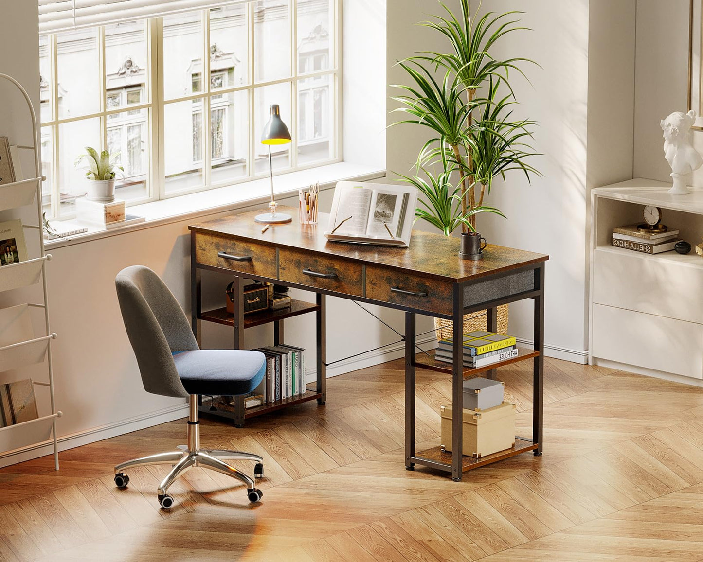 Bureau d'ordinateur de petite taille ODK : table de maison avec tiroirs en tissu et étagères de rangement, bureau d'écriture moderne, noir, 48"x16" 