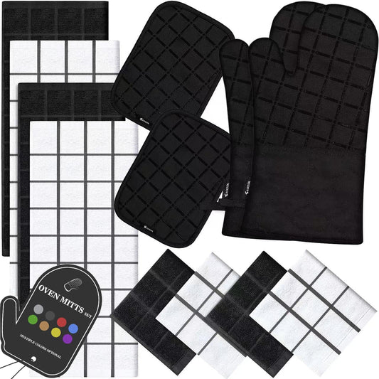 Oven Mitts Kitchen Towels and Dishcloths Pot Holders Sets, Oven Gloves Kitchen Dish Towels 500 Degree Heat Resistant Potholders with Non-Slip Silicone Surface for Cooking, Grilling, Baking-Black