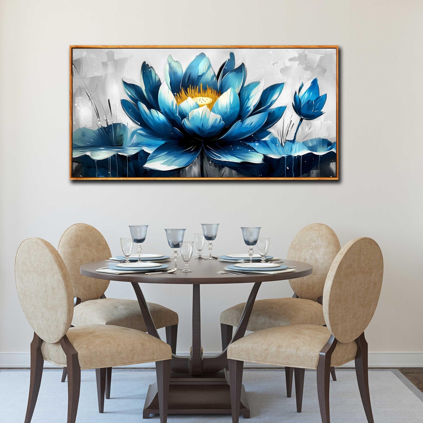 Ouzzlie Large Flower Wall Decor Blue Wall Art for Living Room Gold Art Lotus Posters for Home Office 29" x 59"