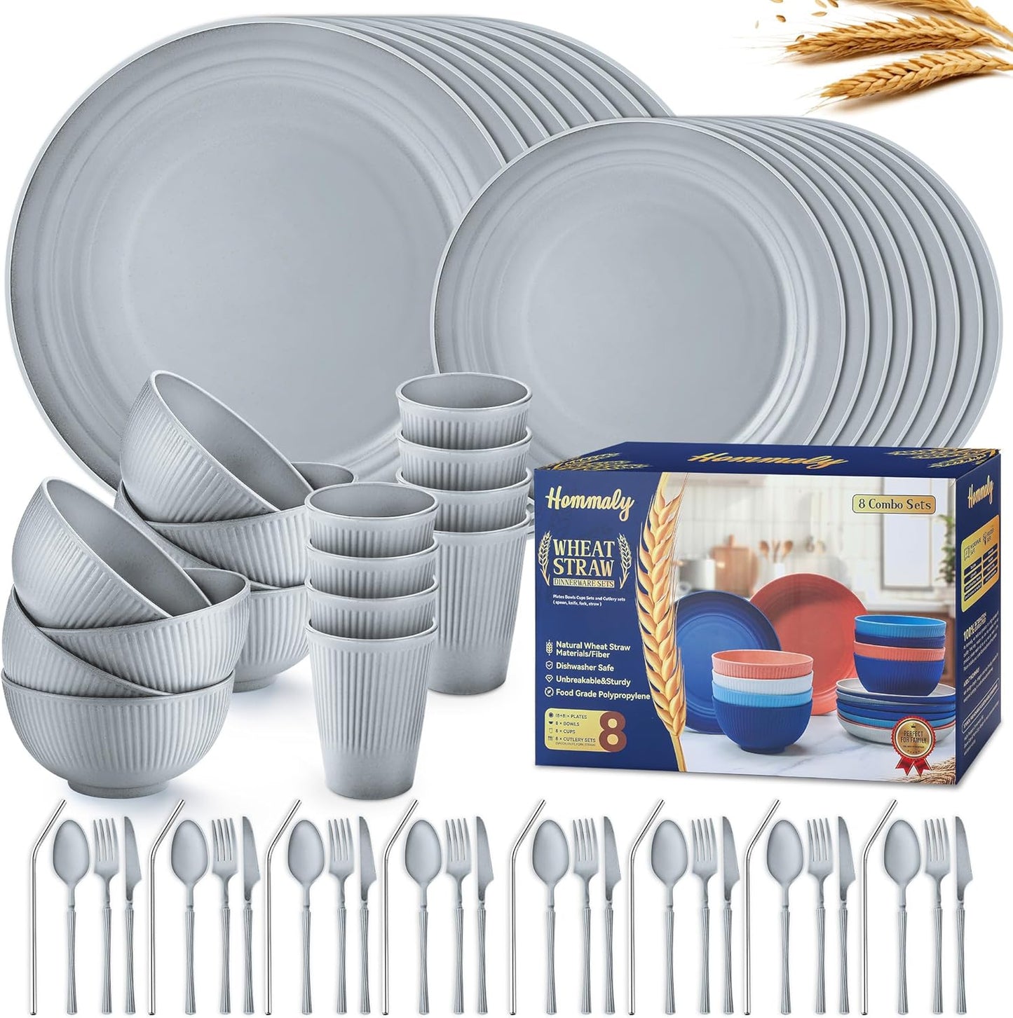 Wheat Straw Dinnerware Sets,48-Piece Plates and Bowls Sets for 6-Unbreakable,Reusable Plastic Dish Set-Dinner Plate/Dessert Plate/Cereal Bowl/Cup/Utensils-Microwavable Dishwasher Safe 48P-Deep Gray