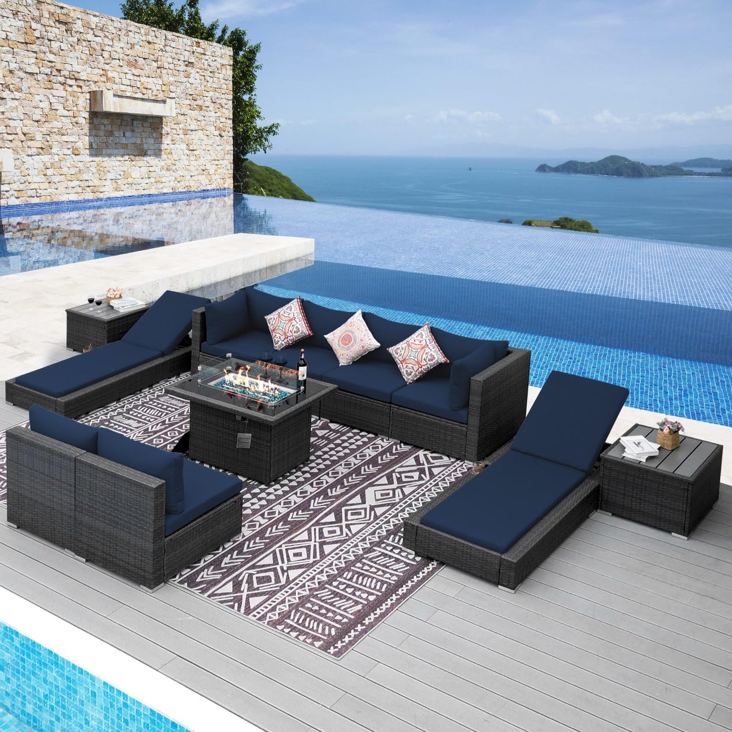 NICESOUL® 13-teiliges großes Luxus-Sofaset für die Terrasse mit Feuerstelle für Erdgas/Propan, 74 cm hohe Rückenlehne, Garten-Sitzgruppe, Gartensofa aus PE-Rattan, dunkelgrau 