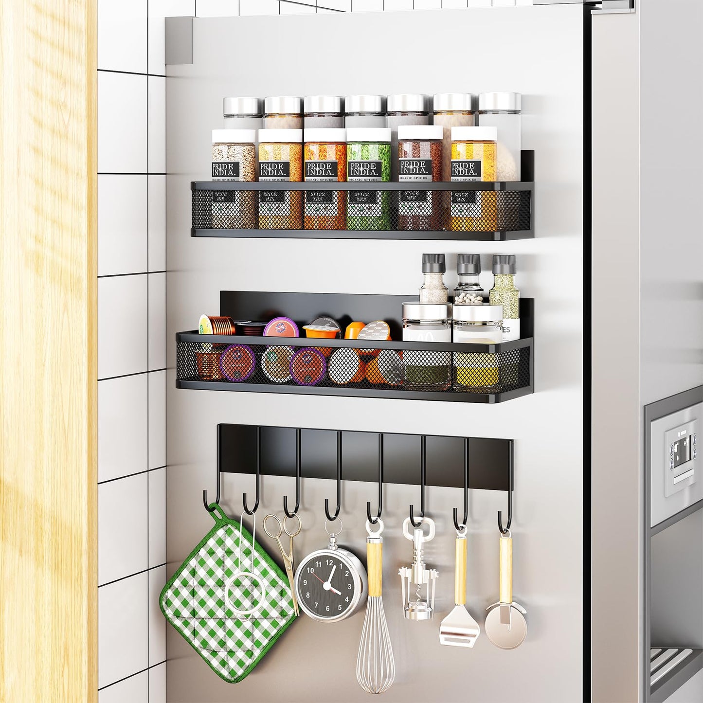 Magnetic Spice Rack for Refrigerator, 6 Pack Magnetic Shelf, Fridge Magnet Organizer with Moveable 12 Hooks, Magnetic Fridge Shelf for Kitchen Organization and Storage (6 Pack)