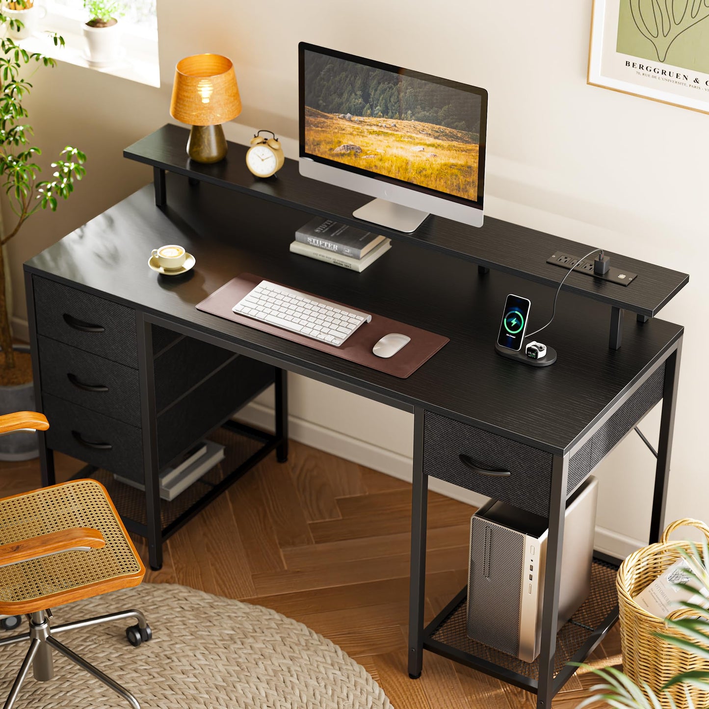 Bureau d'ordinateur Huuger de 47 pouces avec 4 tiroirs, bureau de jeu avec lumières LED et prises de courant, bureau à domicile avec grand espace de rangement pour chambre à coucher, travail à domicile, noir 