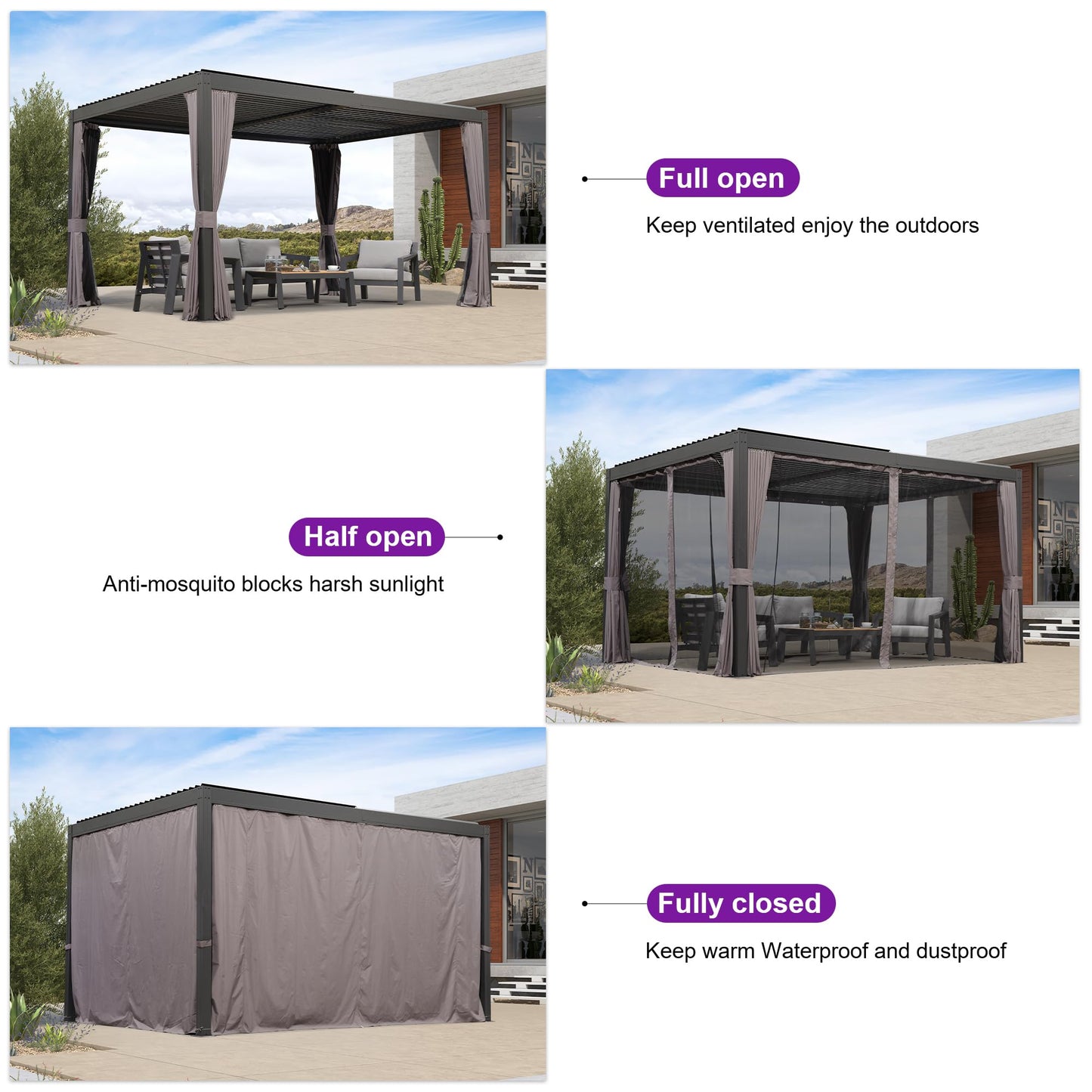 Pergola à persiennes PURPLE LEAF 94AS 11' x 14' Pergola extérieure en aluminium avec écran d'ombrage Toit réglable pour terrasse Arrière-cour Gazebo à toit rigide gris, 1 côté long et 2 côtés courts 