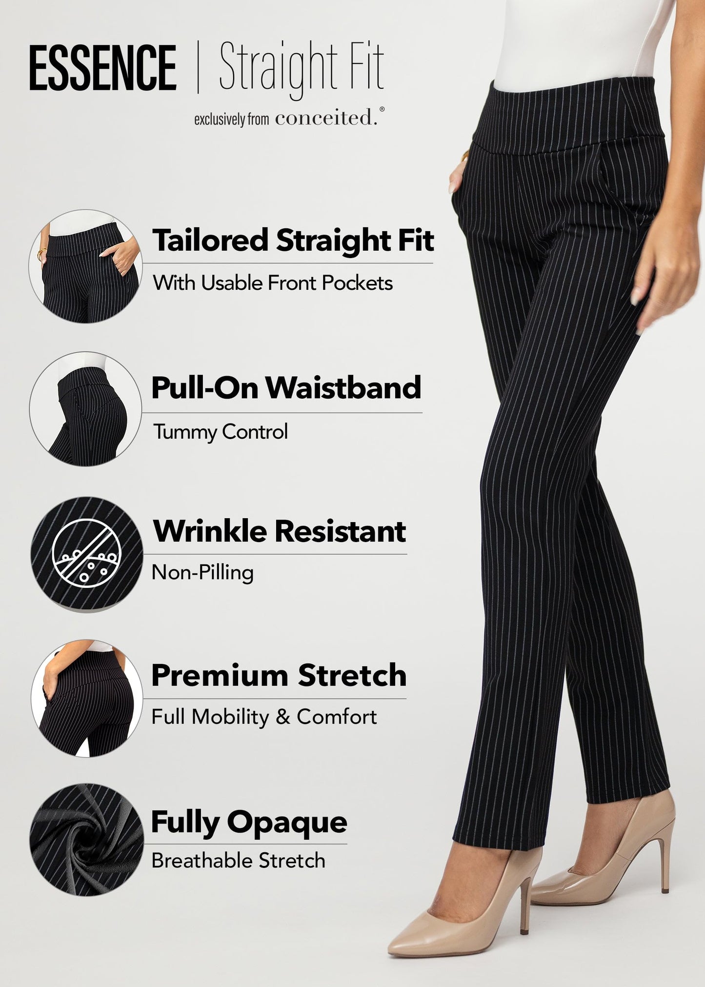 Conceited Dress Pants Women - Stretchy - Tummy Control - All Day Comfort Wear to Work - Womens Pants in Regular and Plus Size