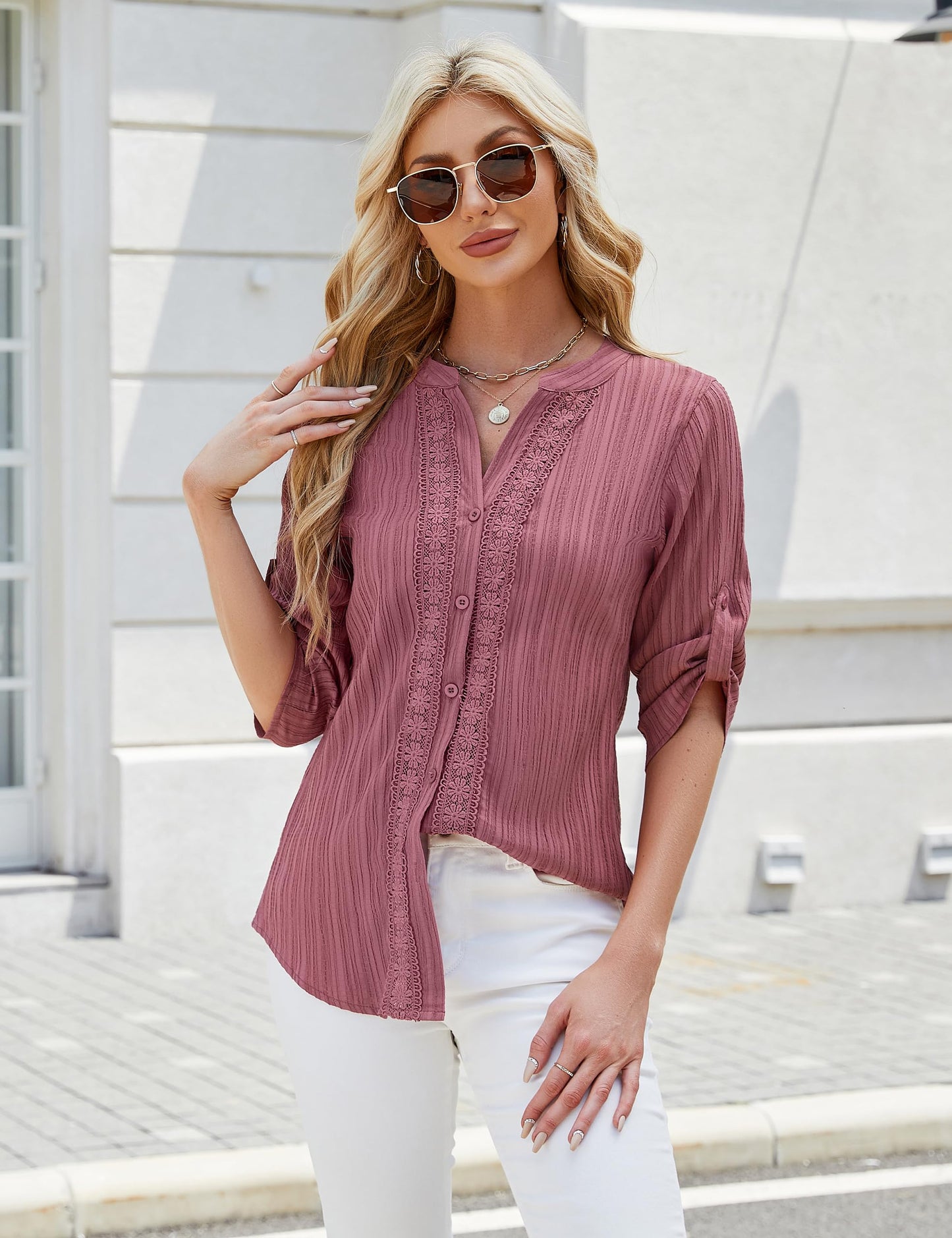 Blooming Jelly Damen Button-Down-Hemden mit Spitze, Häkelarbeit, elegante, lässige Oberteile, 3/4-Ärmel, Arbeits-/Sommer-Outfits 2024